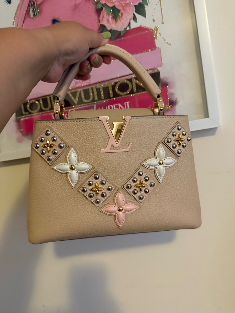 Louis Vuitton Beige Capucines Mini Satchel with Floral Stud Details - Picture 6 of 11